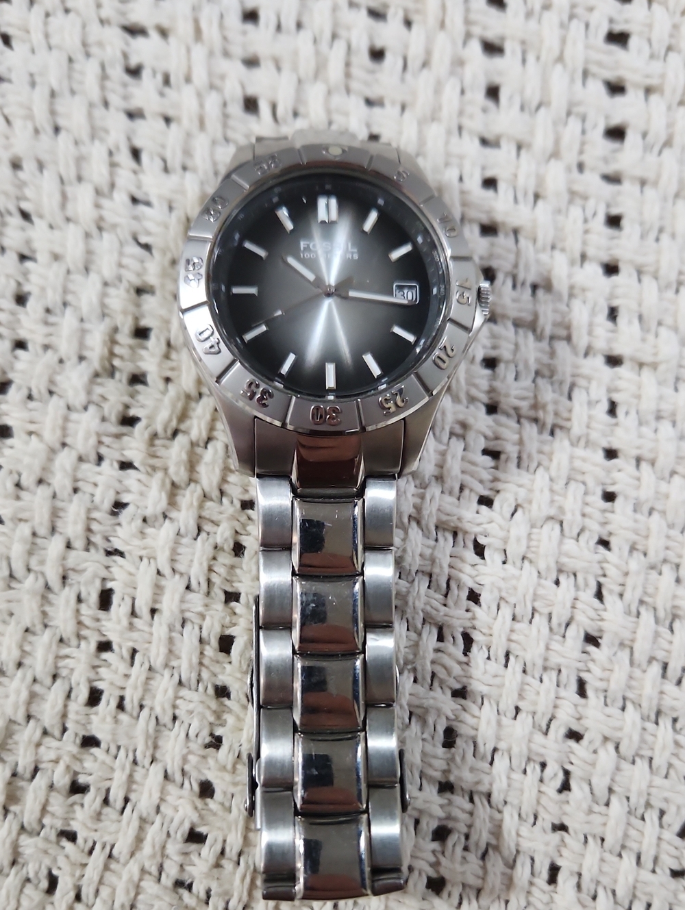 Men's Fossil Blue (AM-3688)Silver Stainless Steel Bracelet Watch with Black Dial